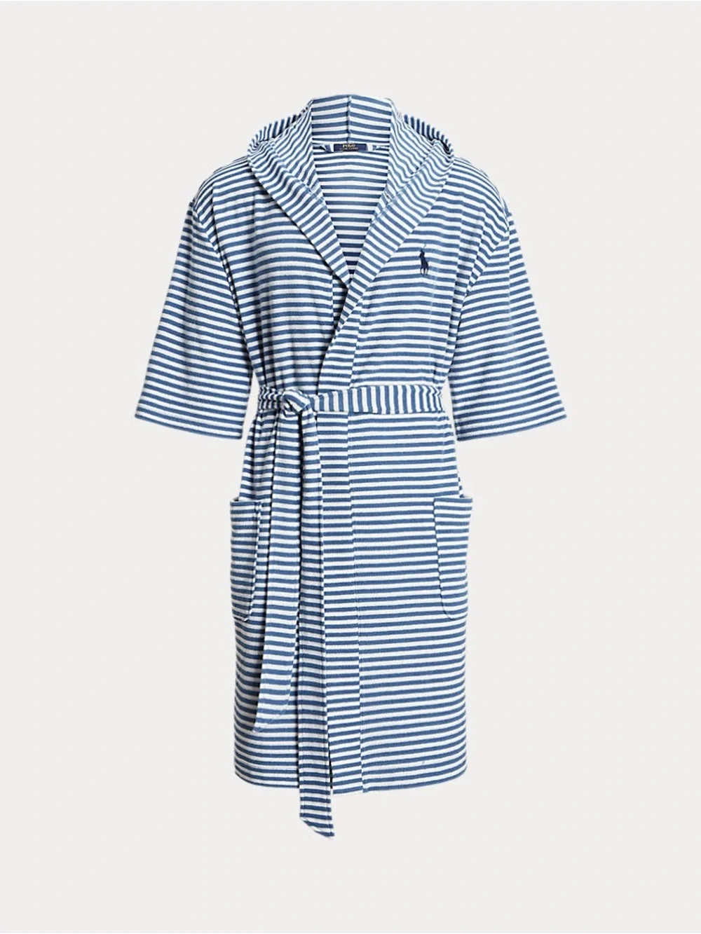 Polo by Ralph Lauren Mens Navy and White Striped Hooded Bath Robe S/M
